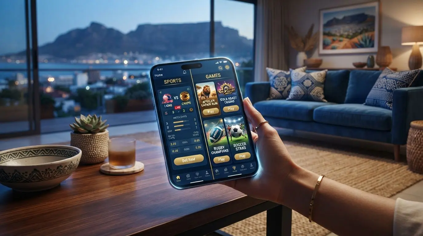 Smartphone showing a mobile sports and games interface in a premium home setting