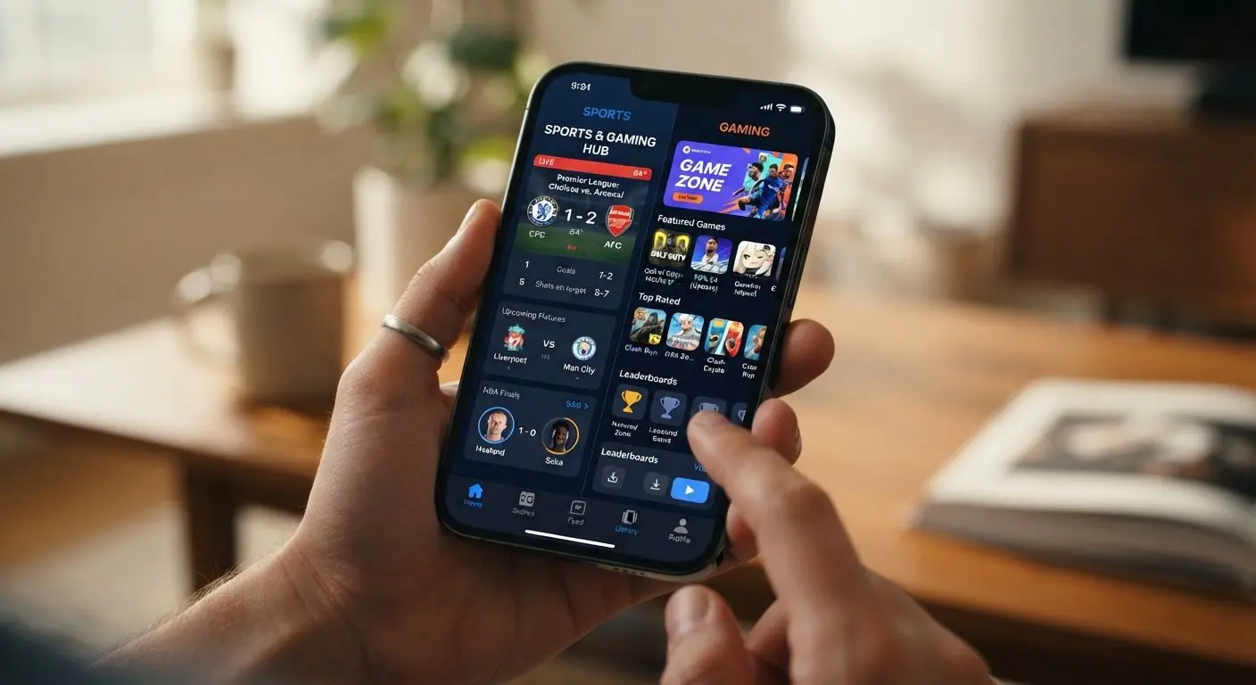 BetXchange-style mobile home screen with sports and casino sections on a smartphone