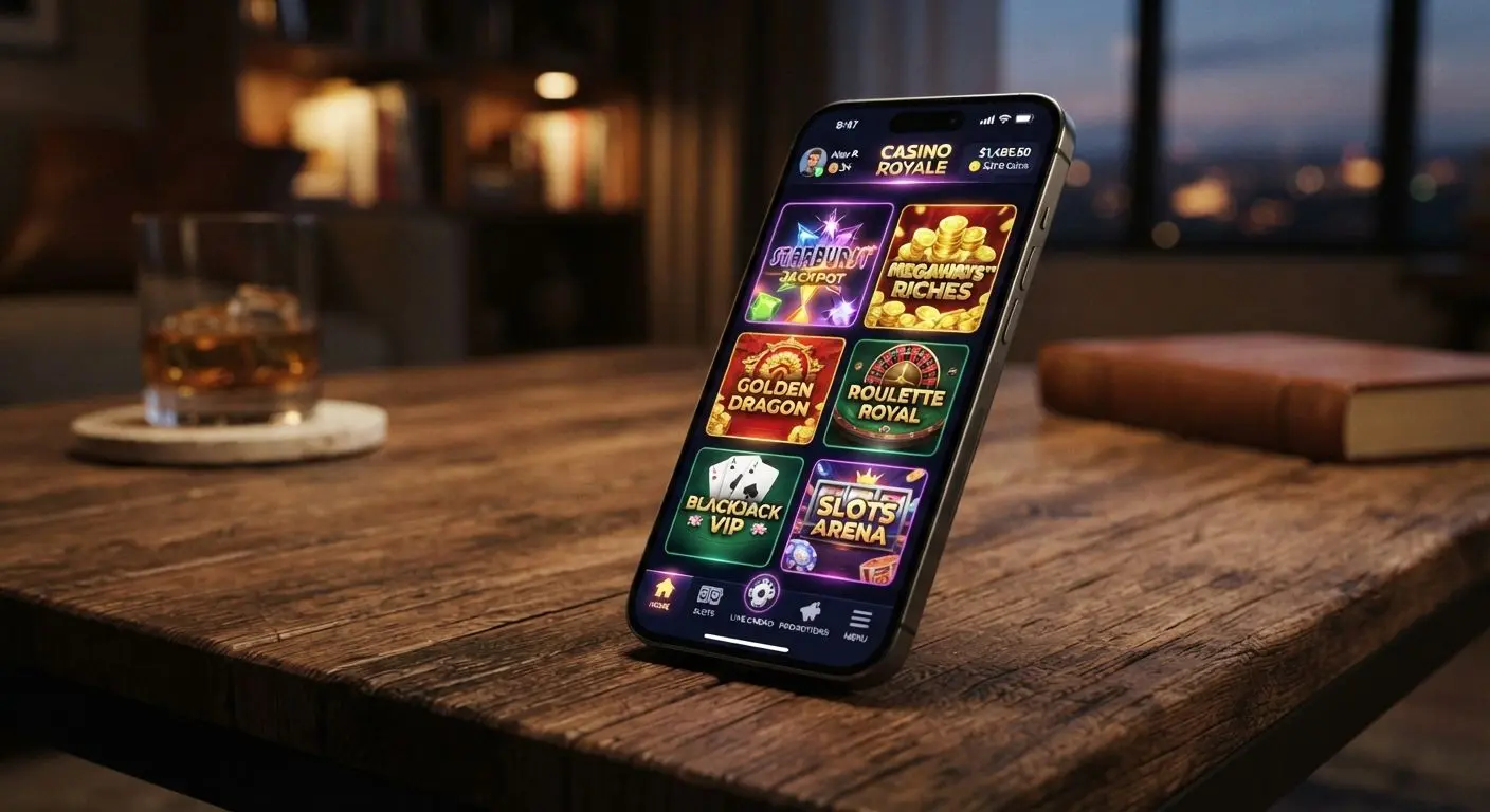 Mobile casino lobby with slots and table games displayed on a smartphone