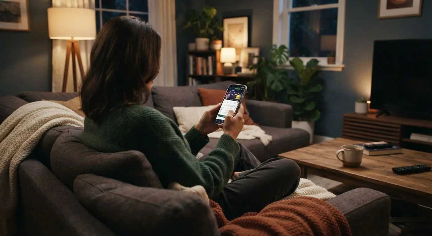 Person using a mobile betting and casino app comfortably at home