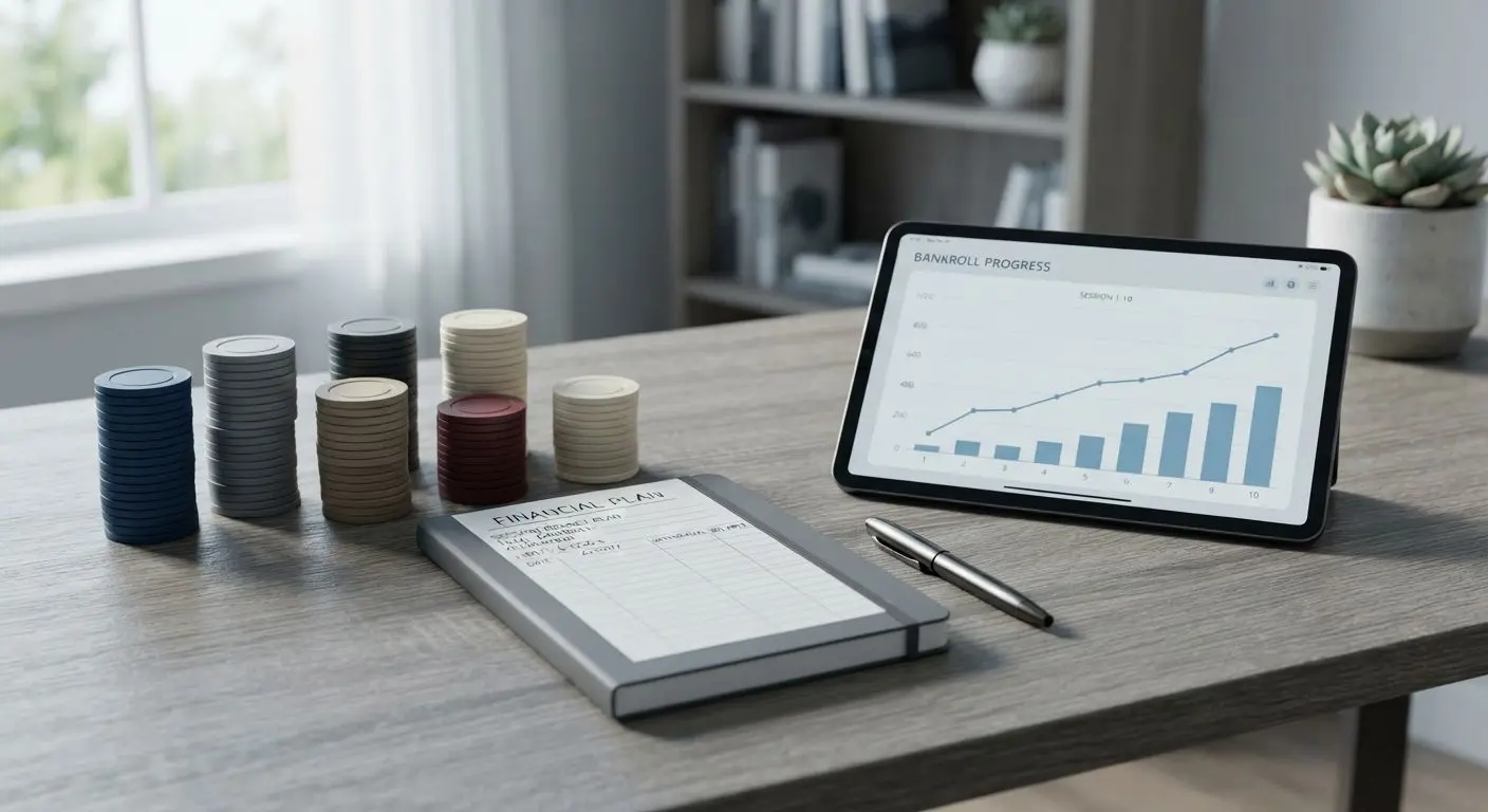 Budget planning setup with chips, notebook and graph for bankroll management