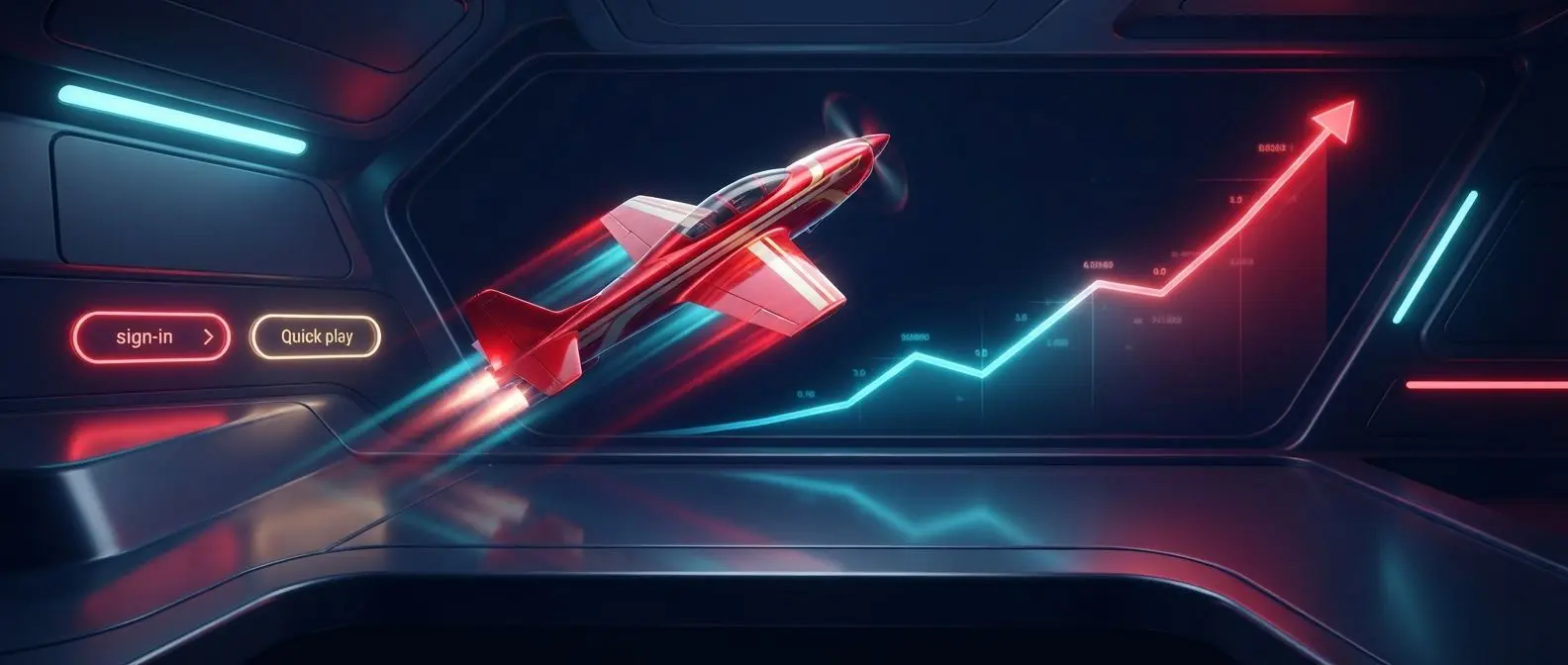 Dynamic Aviator-style banner with a plane rising along a multiplier chart