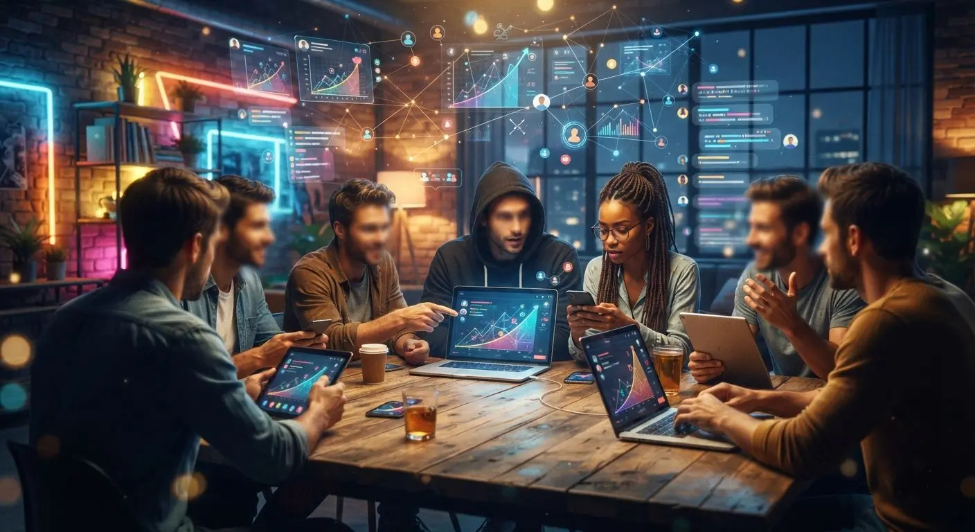 Abstract online community discussing a crash-style game on digital devices