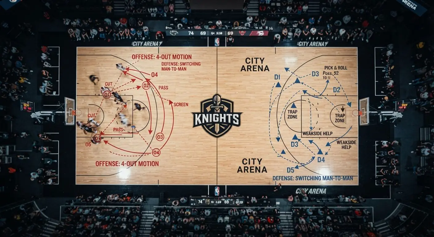 Basketball court with tactical arrows and game strategy markings