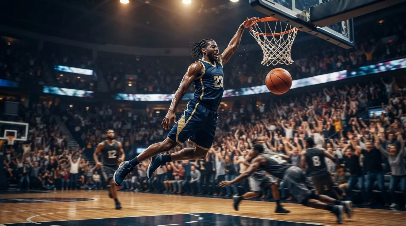 Dynamic basketball match scene with player in the air and ball going through the hoop