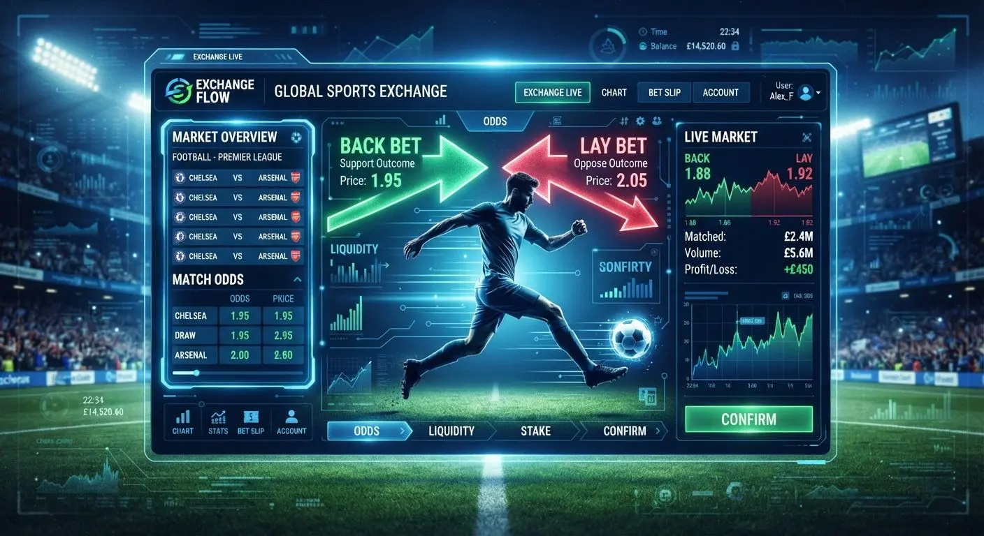 Bet exchange concept with back and lay arrows and sports market interface