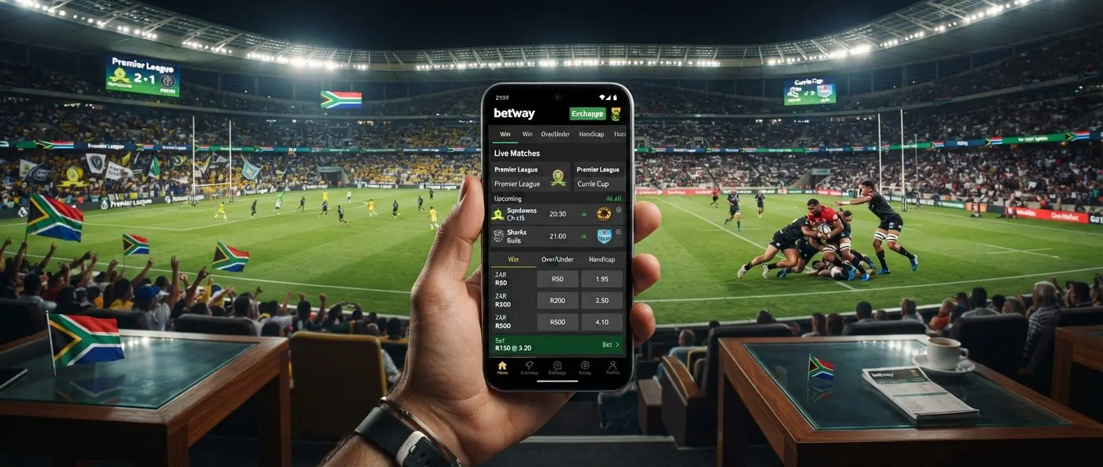 South African BetX style sports exchange hub banner with mobile interface and stadium scene