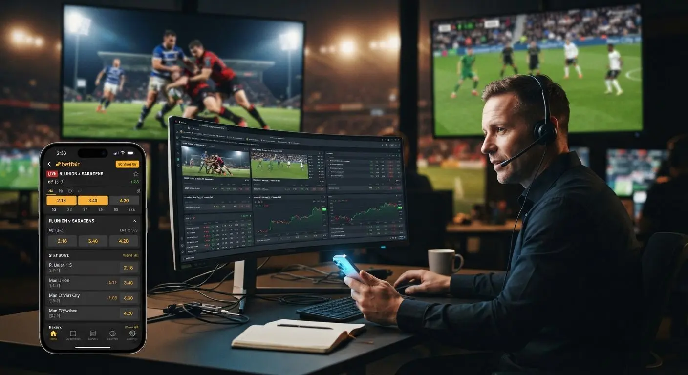 Live betting scene with changing in-play markets during rugby and football