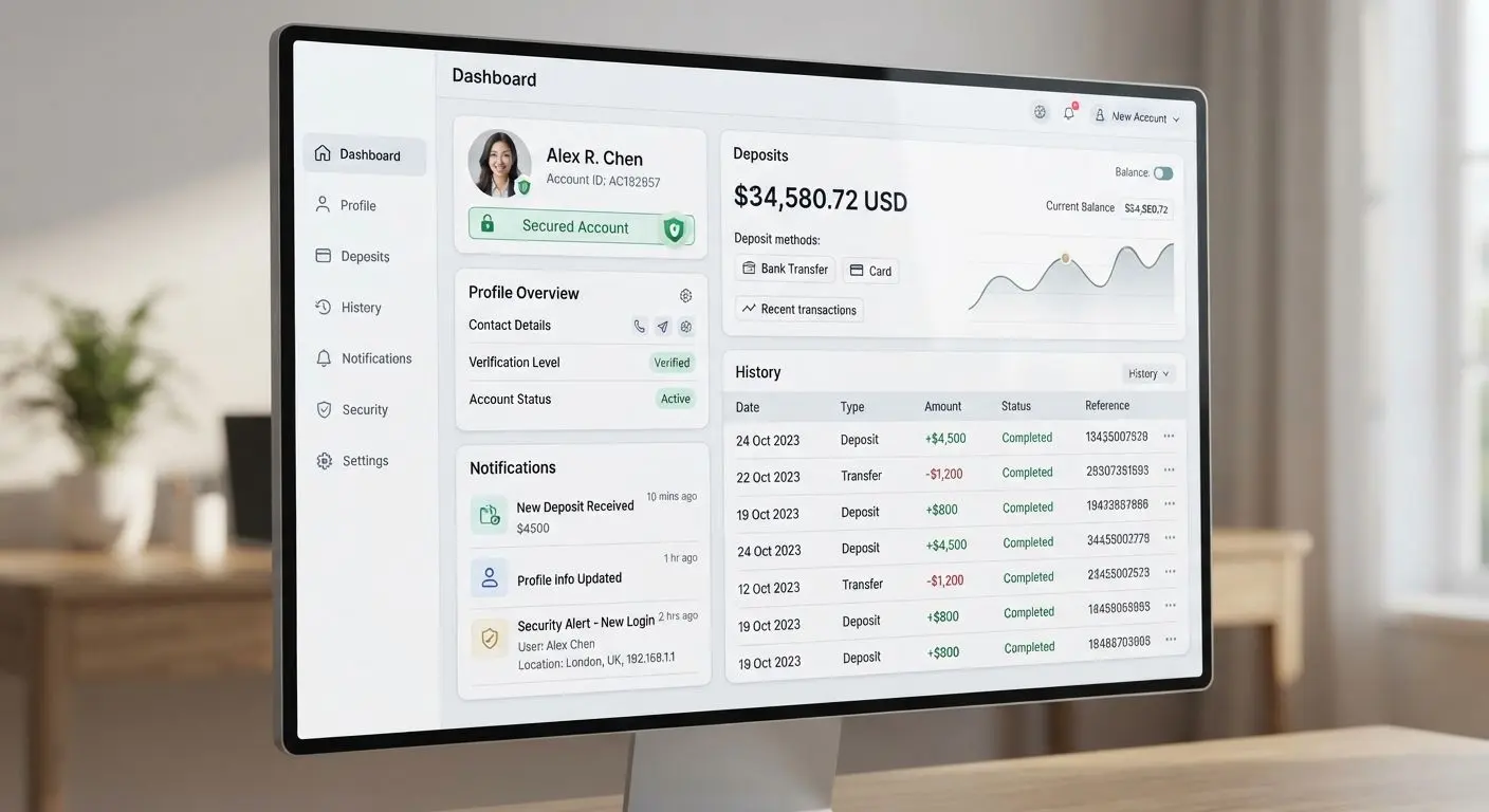 Account dashboard with profile, deposits and history sections after secure login