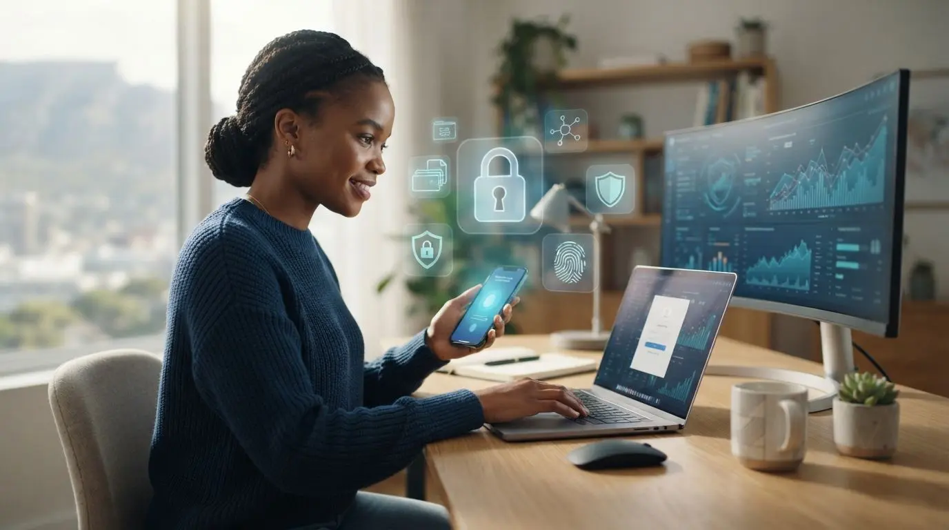 User accessing account securely on laptop and smartphone with lock and shield icons