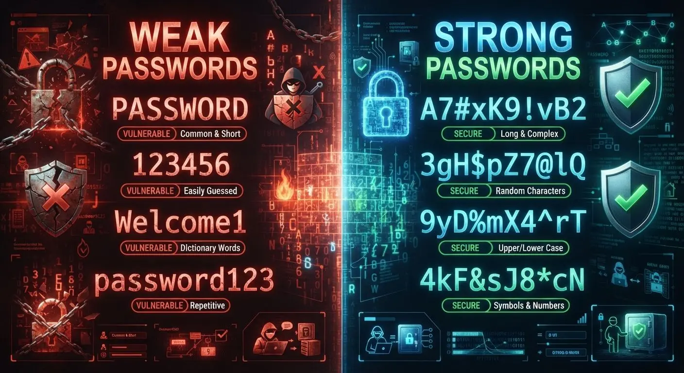 Strong versus weak password concept with lock and shield symbols