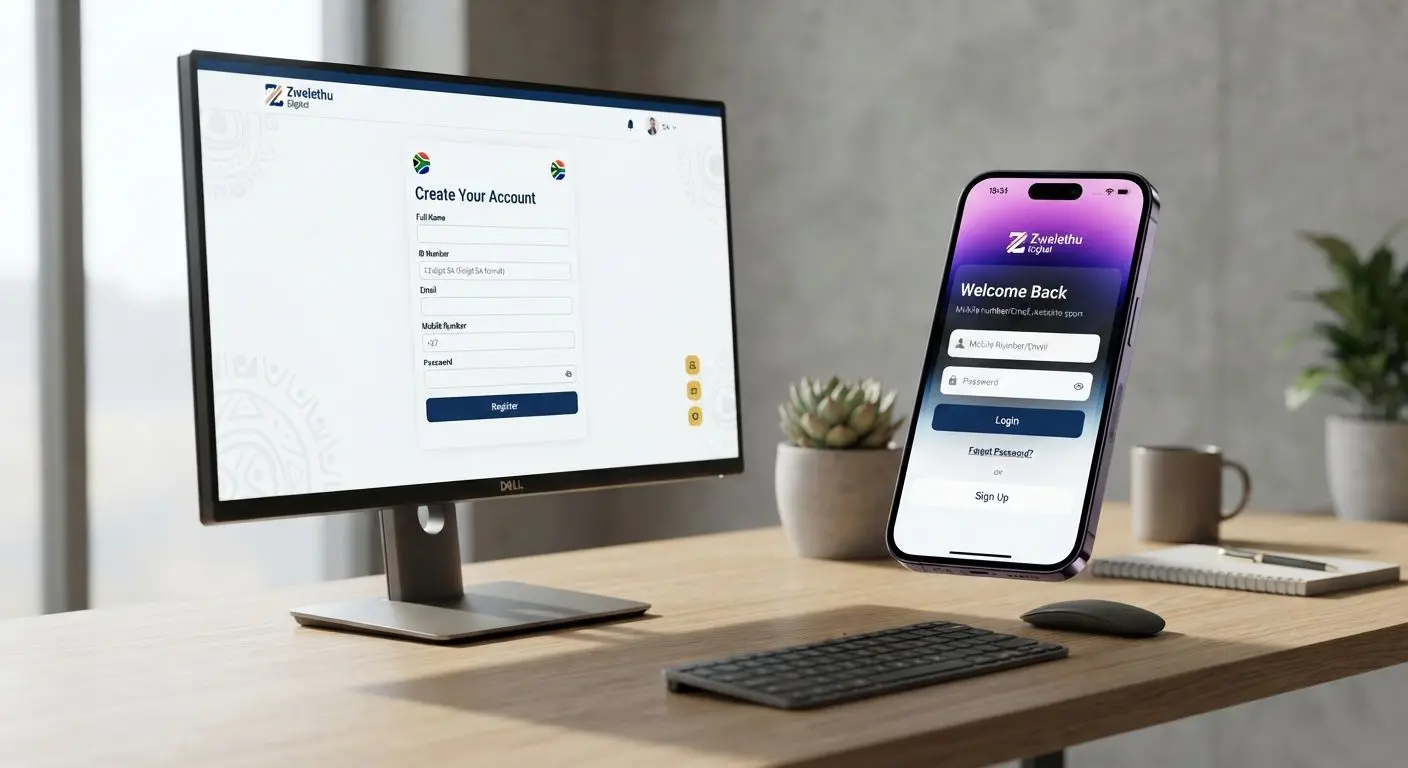Desktop and mobile registration and login interface view