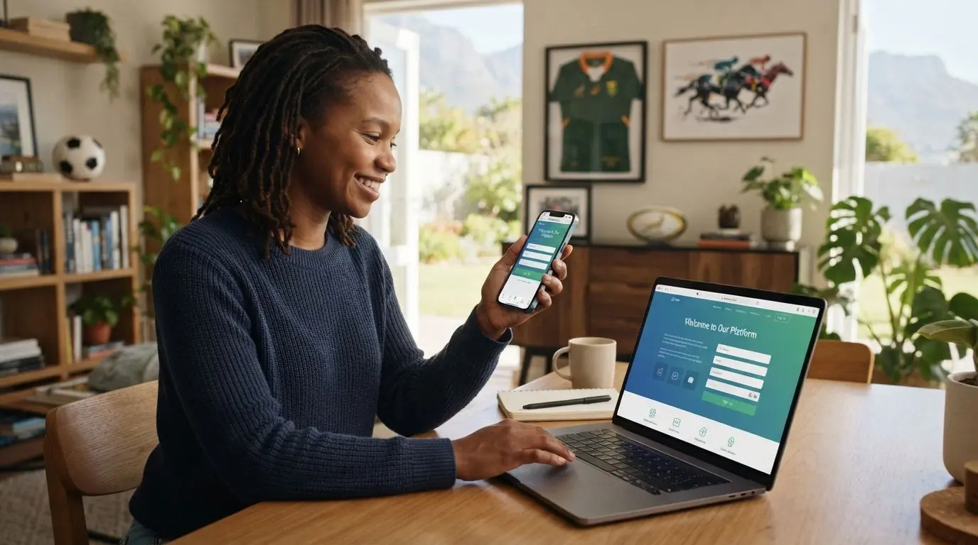 South African user registering online on phone and laptop with sports-themed background