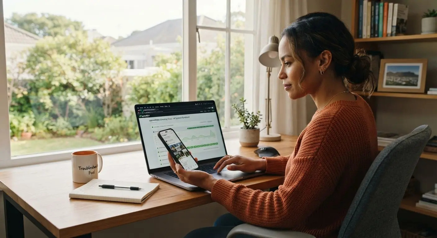 User checking site status and social media on phone and laptop