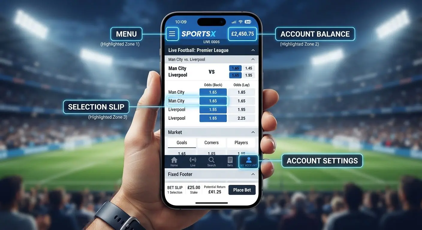 Mobile site layout with highlighted menu balance and bet slip areas