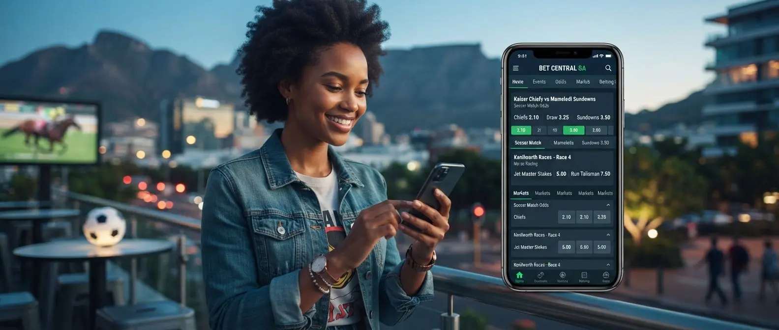User holding a smartphone with a mobile sports platform interface in South Africa