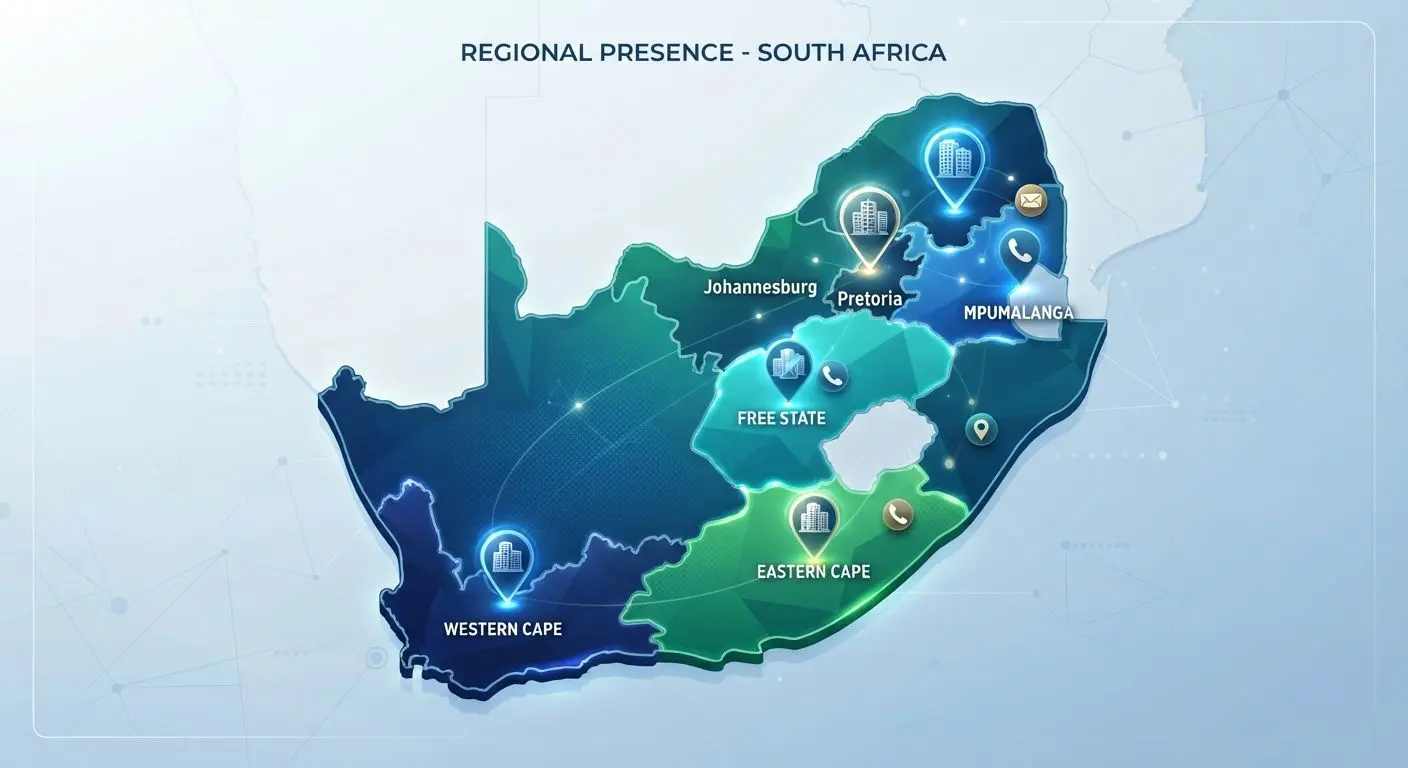 Stylised South Africa map showing BetXchange regional branch presence