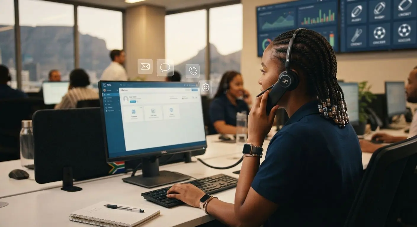 Customer support operator handling phone and chat queries in a South African contact centre