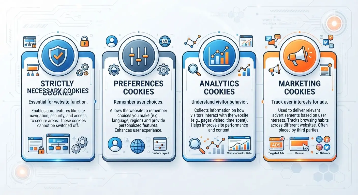 Infographic showing four main categories of cookies