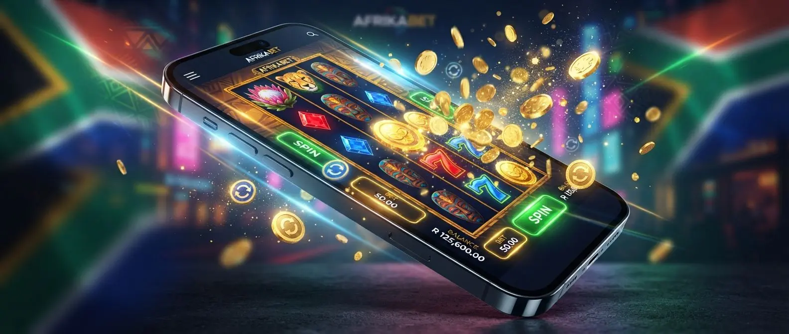 Mobile slot-style screen with South African themed colours and free spins promo atmosphere
