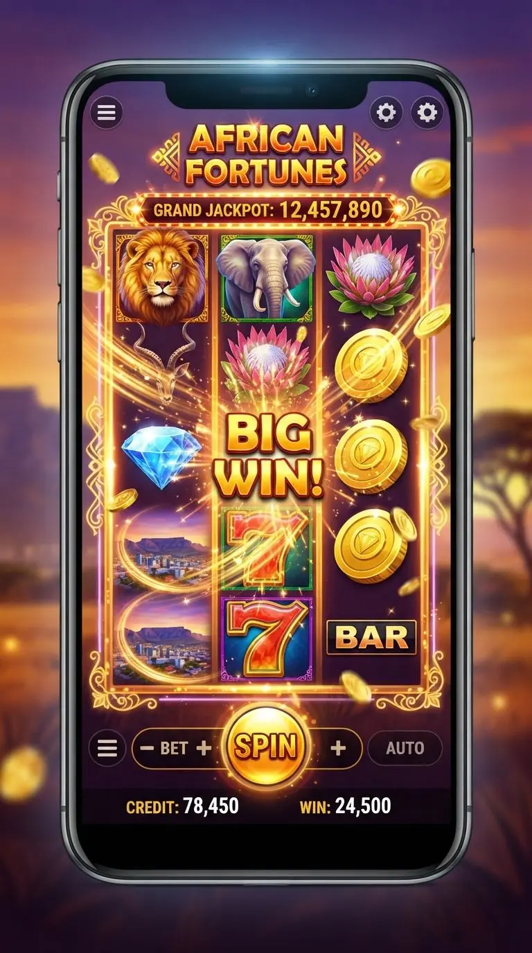 Colourful mobile slot-style screen illustrating free spins games for South African players