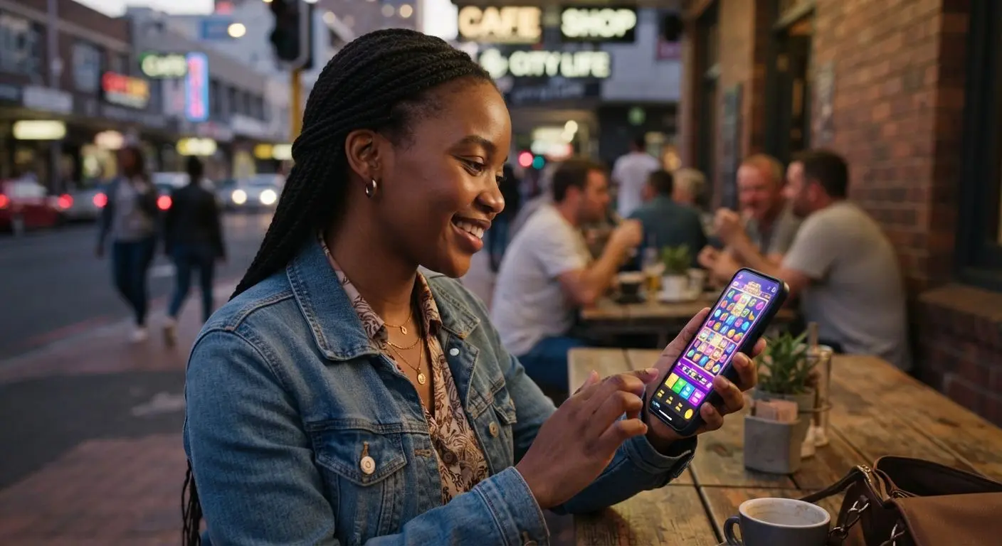 Mobile user in South Africa viewing a free spins slot-style game on a phone