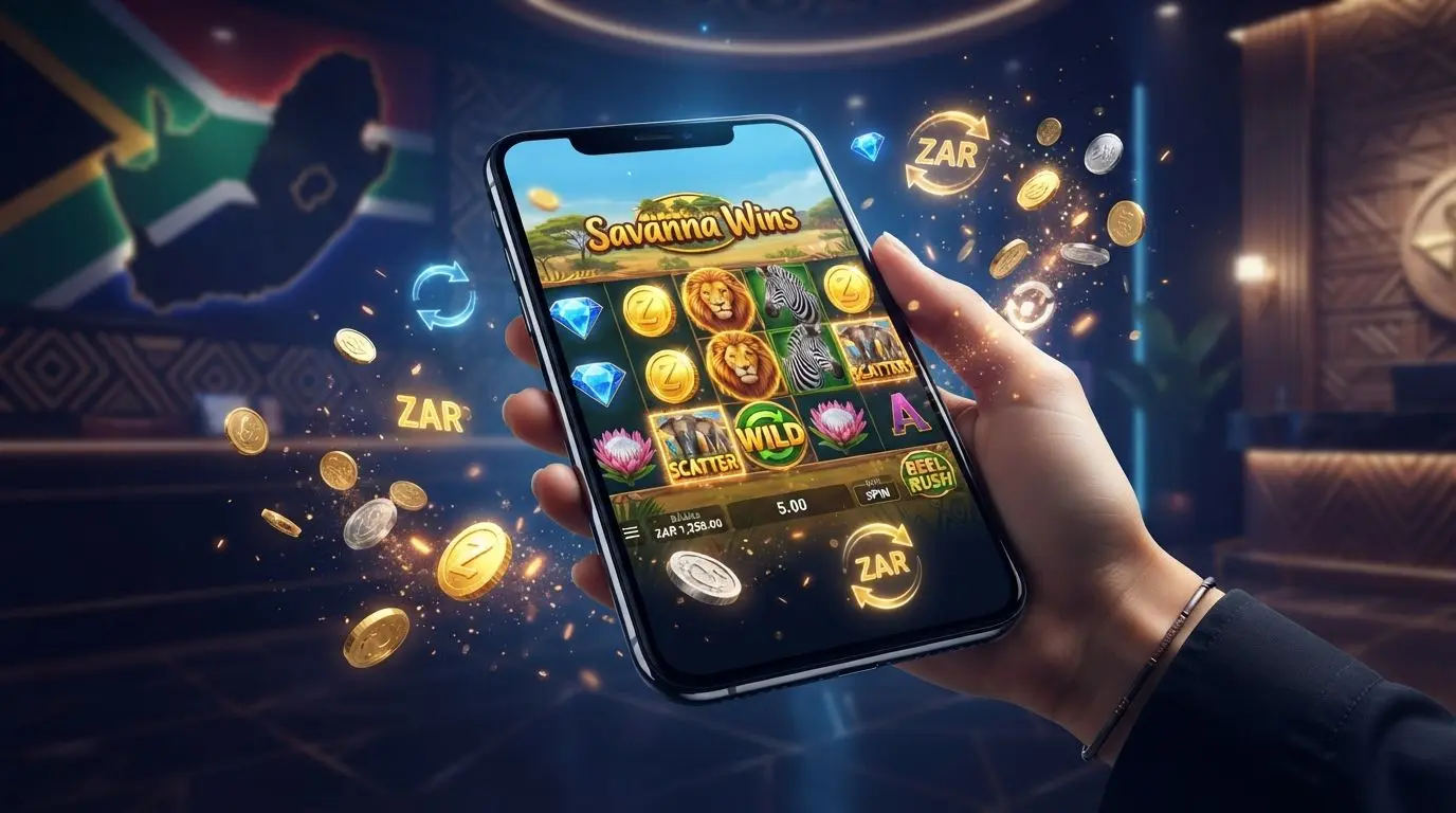 Smartphone with slot reels and South African themed colours for free spins landing page