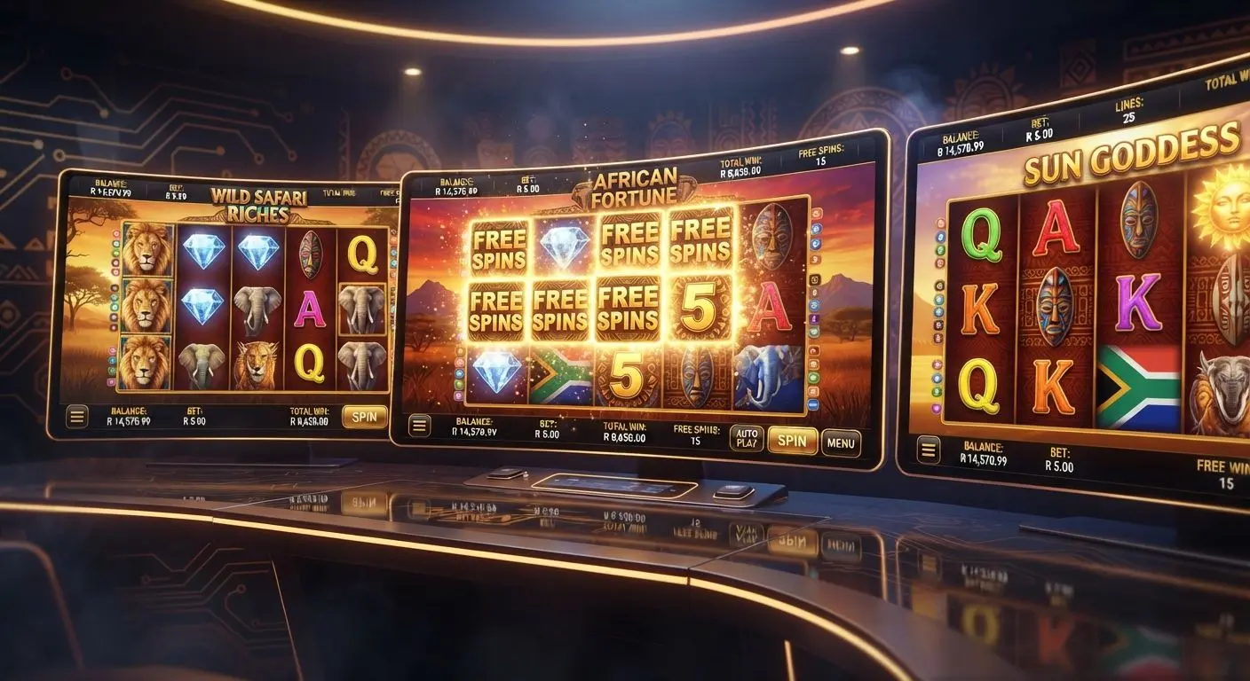 BetXchange Free Spins Games Illustration Online slot reels and free spin symbols for South African players