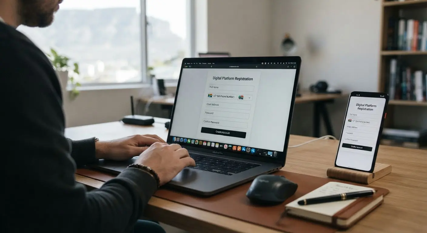 Online registration form on laptop and phone for South African users