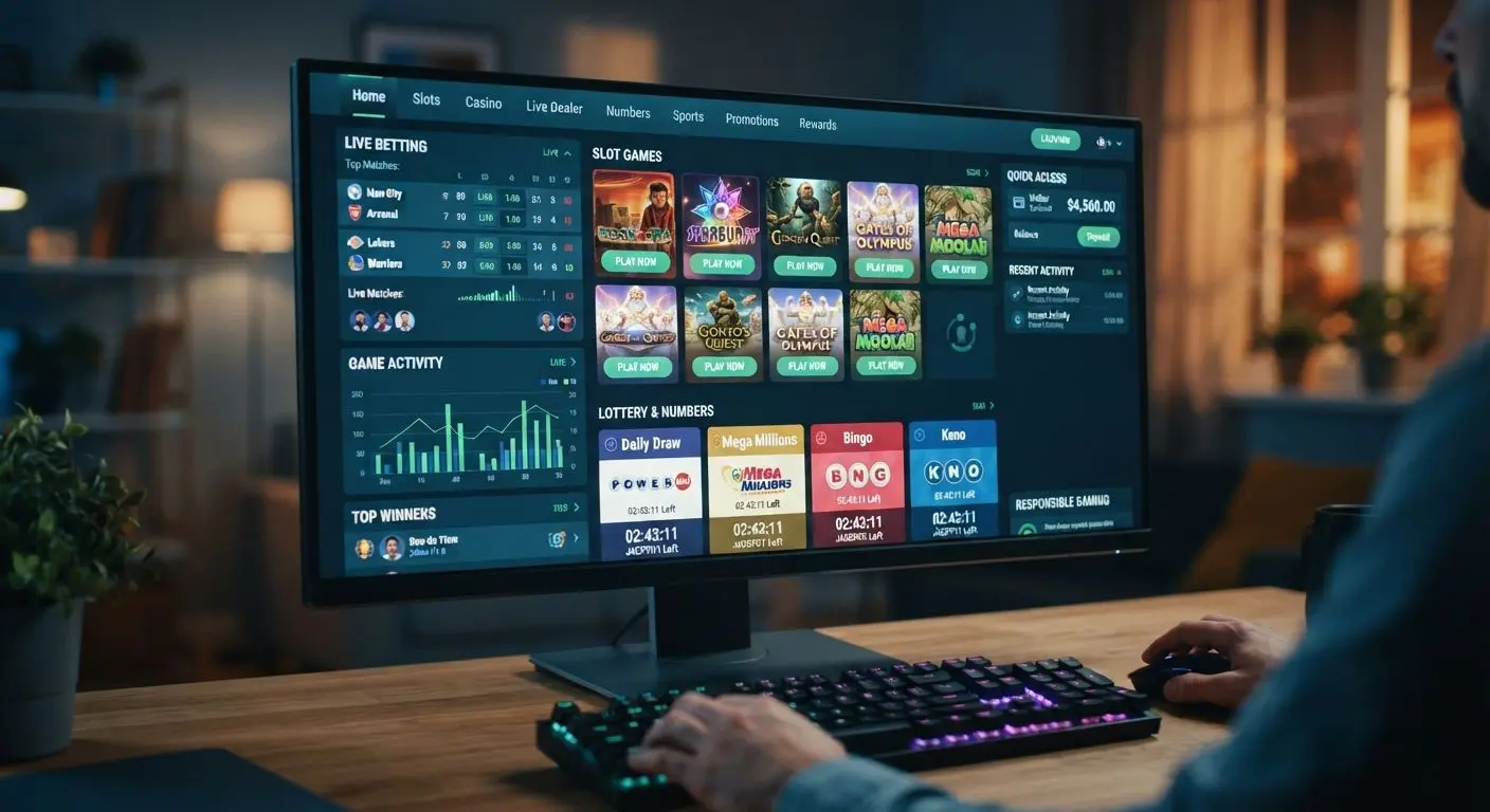 Gaming platform interface with slots, numbers games and sports categories