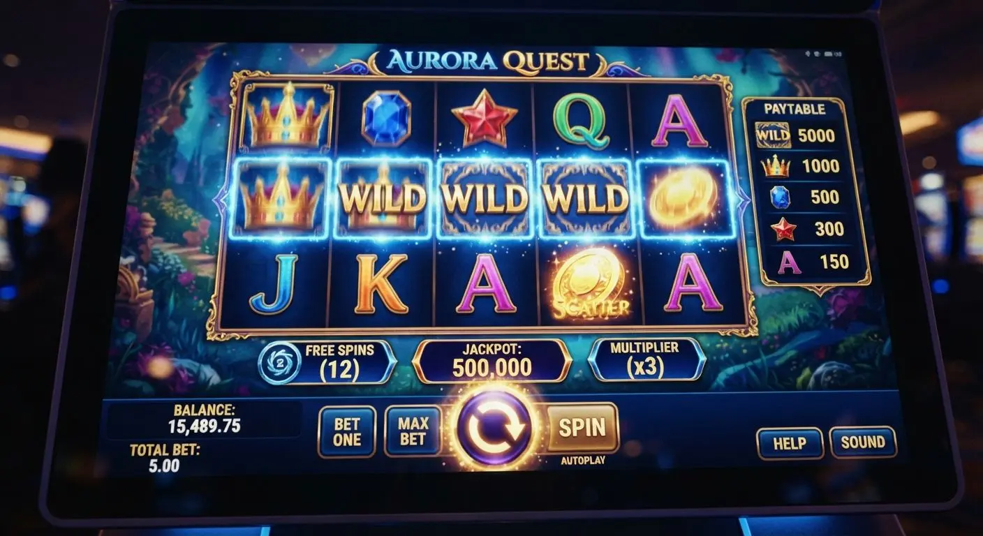 Slot game interface showing reels spin button and paytable elements