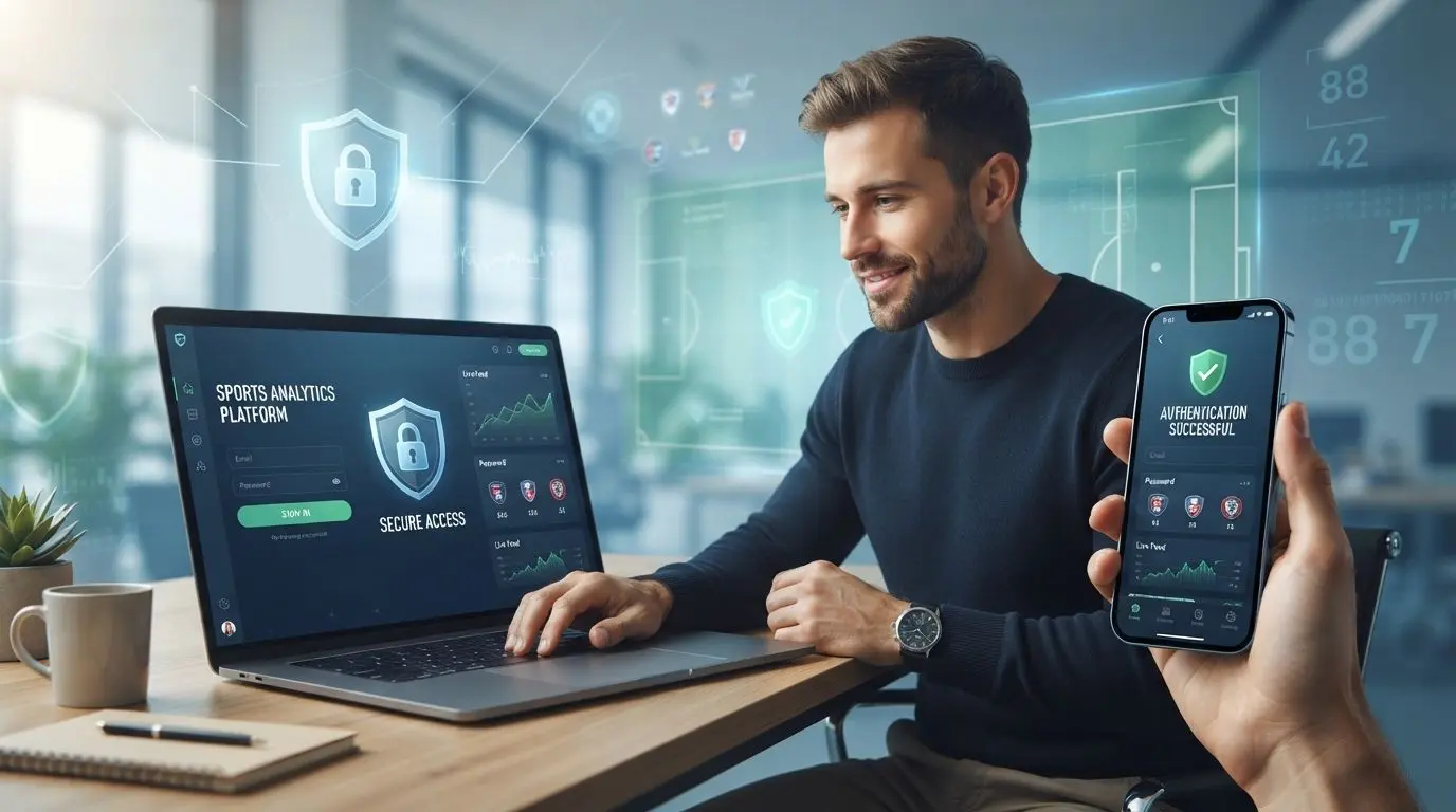 User accessing a secure account on phone and laptop with sports-themed digital background