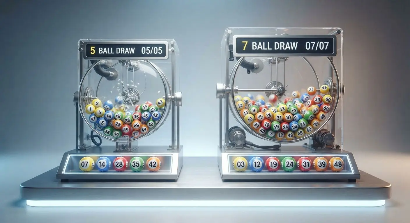 Illustration of Lucky 5 and Lucky 7 draw mechanics with lotto machines and balls