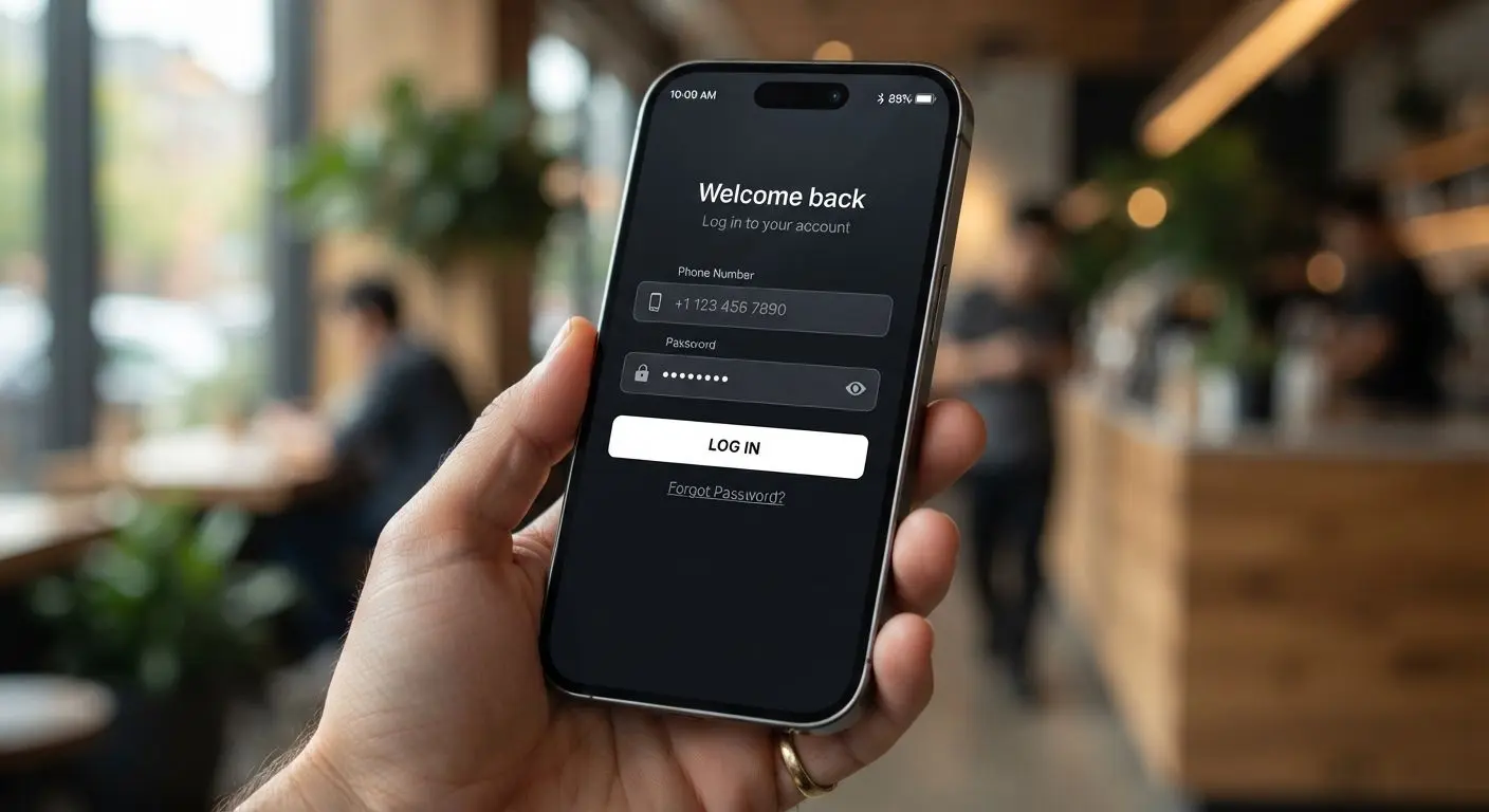Close-up of a mobile login screen with phone number and password fields