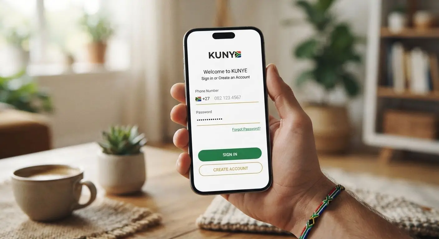 Smartphone with mobile login and signup screen in a South Africa inspired colour palette