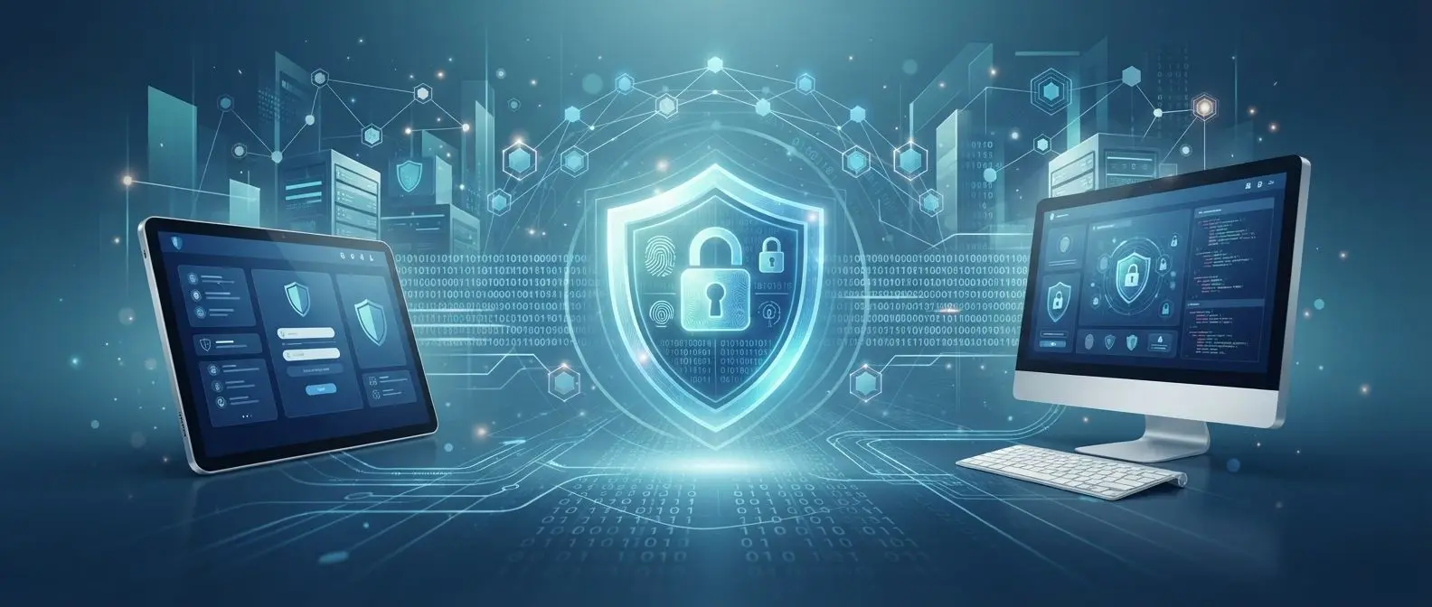 Secure digital privacy banner with shield, lock and protected user data