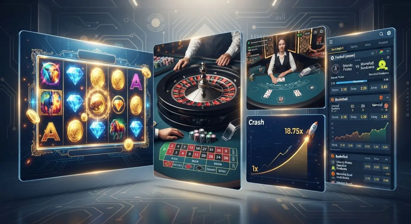 Collage of BetXchange real-money game types including slots, roulette, live tables and crash games