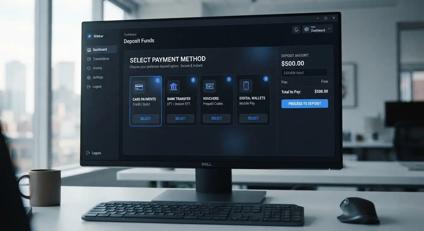 Deposit methods selection screen with card, EFT and voucher options