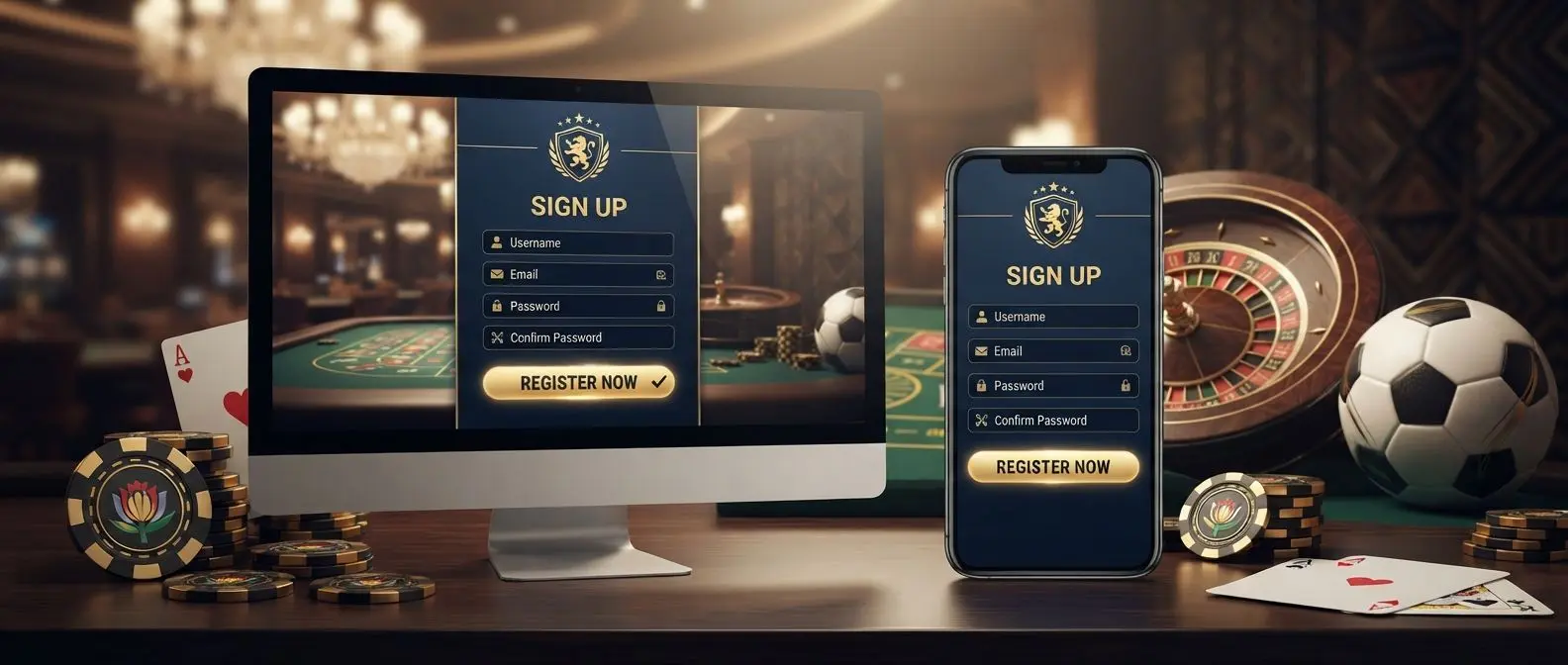 Desktop and smartphone registration screens with sports and gaming themed elements