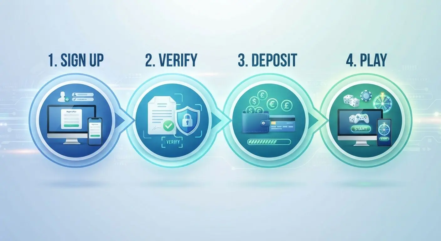 Simple registration flow from sign up to verification, deposit and play