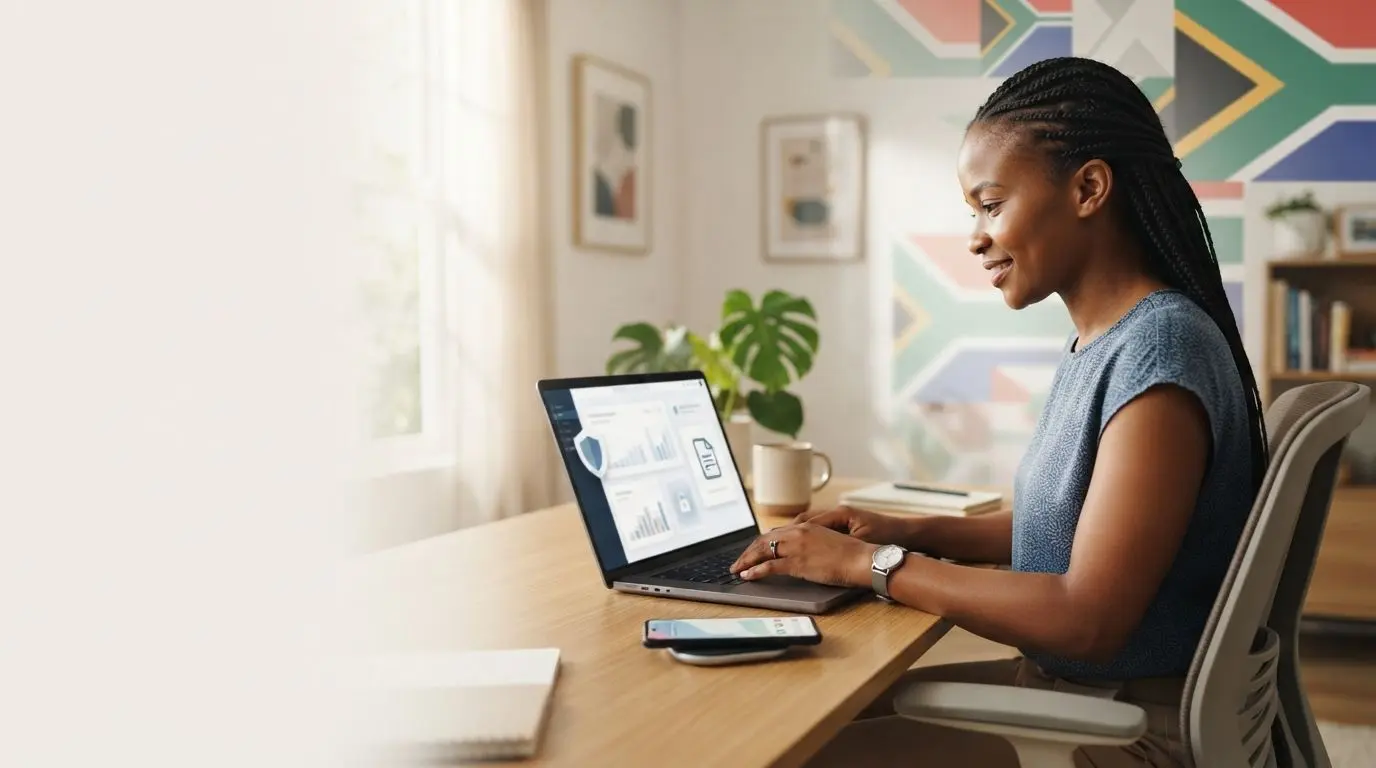 User reviewing privacy information on a laptop with shield and document icons