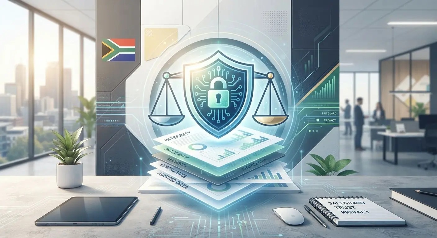 Privacy security illustration with lock and balance scales