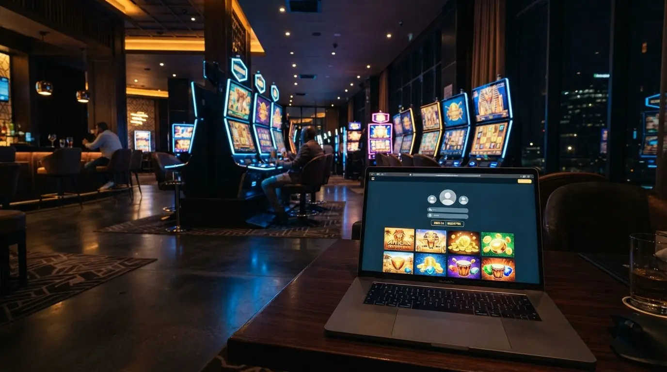 Dark online slots lobby with bright game screens and simple login focus