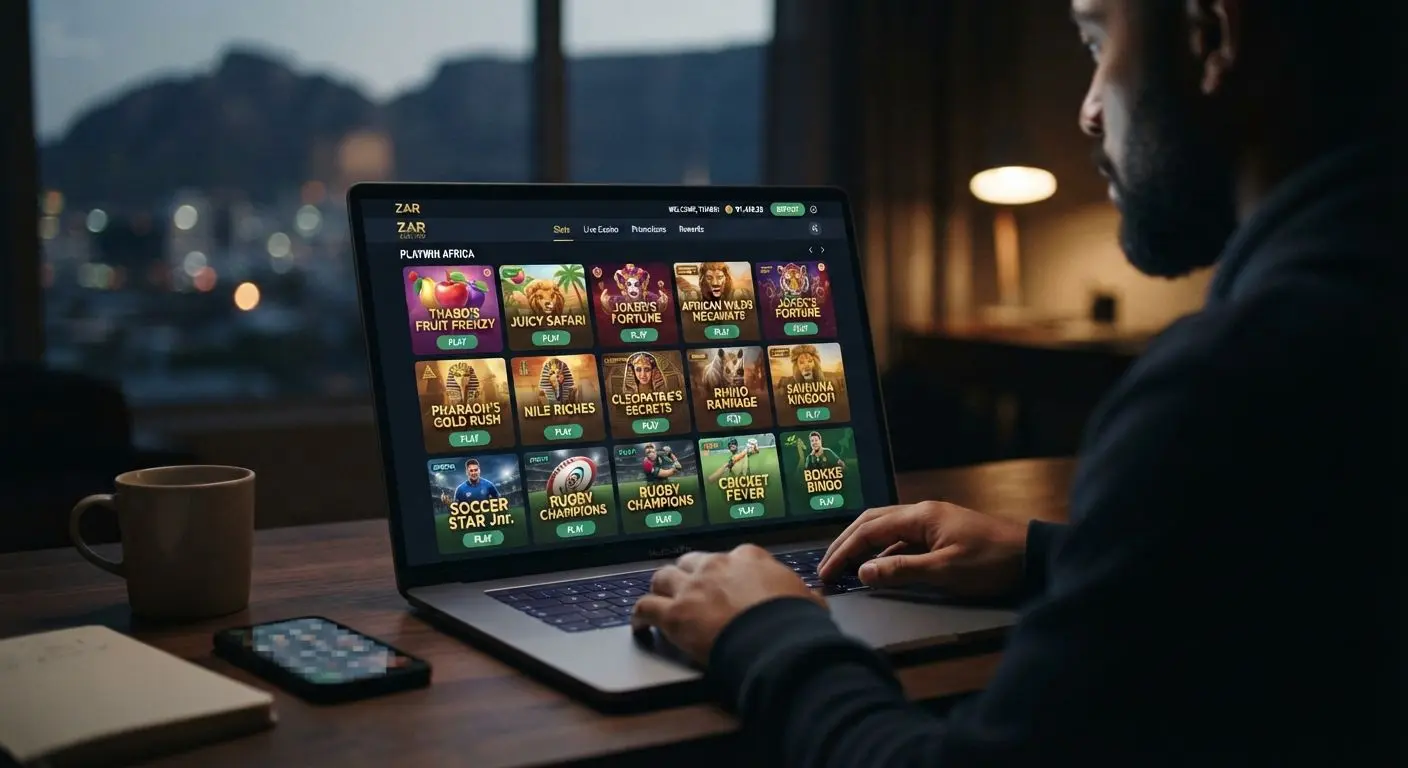 Laptop showing a slots lobby with different game themes