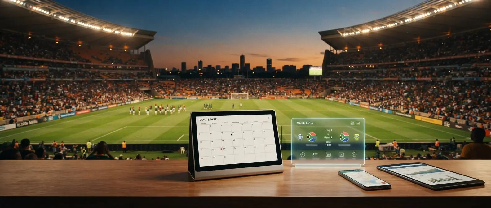 Football stadium banner with calendar and match schedule concept for today’s South Africa soccer fixtures