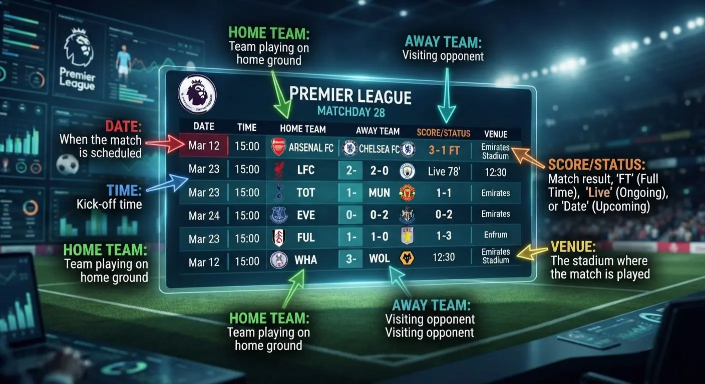 Diagram showing how to read a soccer fixture table