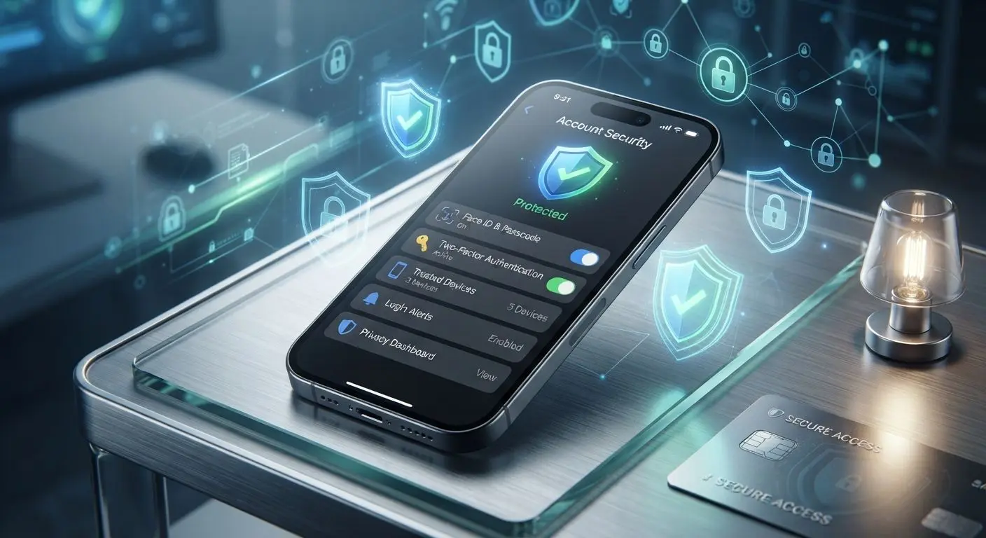Smartphone with security icons and account settings