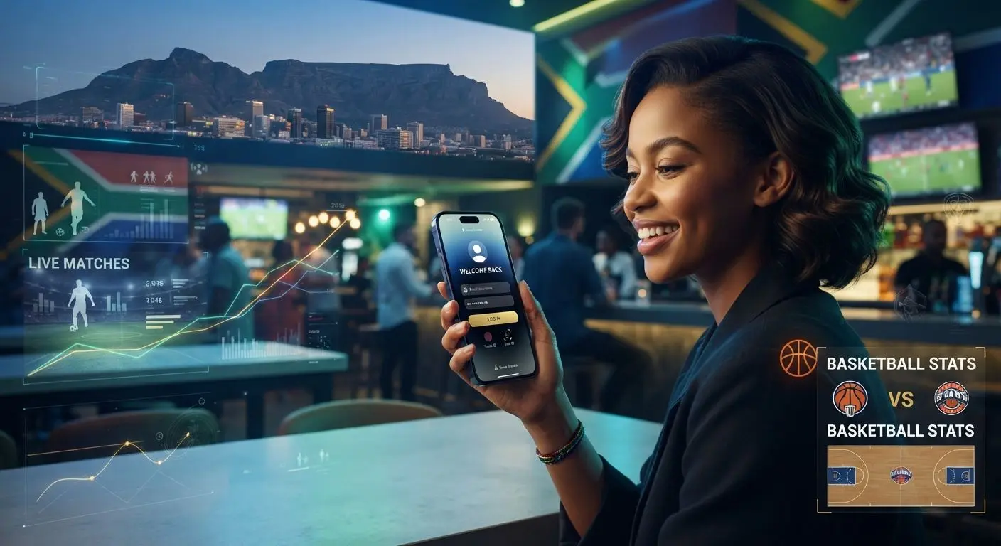 User holding a smartphone with a secure mobile login screen and South African sports-themed background