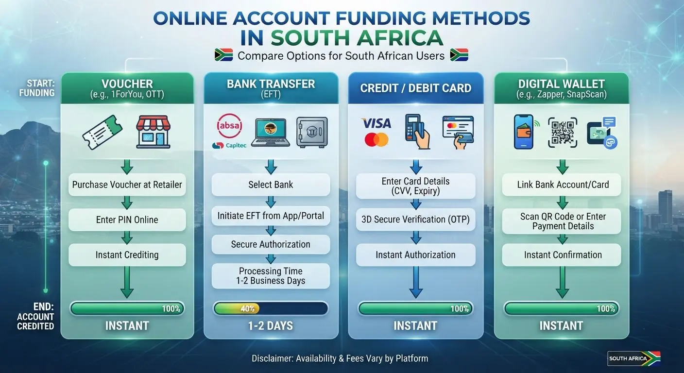 Comparison infographic of voucher, bank transfer, card, and digital wallet deposit methods
