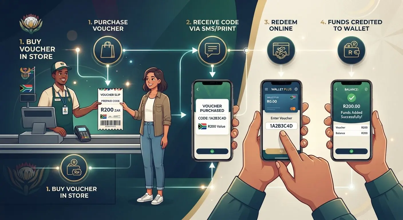 Diagram of buying a voucher, entering the code online, and receiving funds in an account